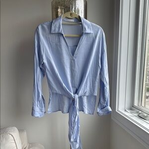Becool Blue Long Sleeve Tie-Front Button Down
